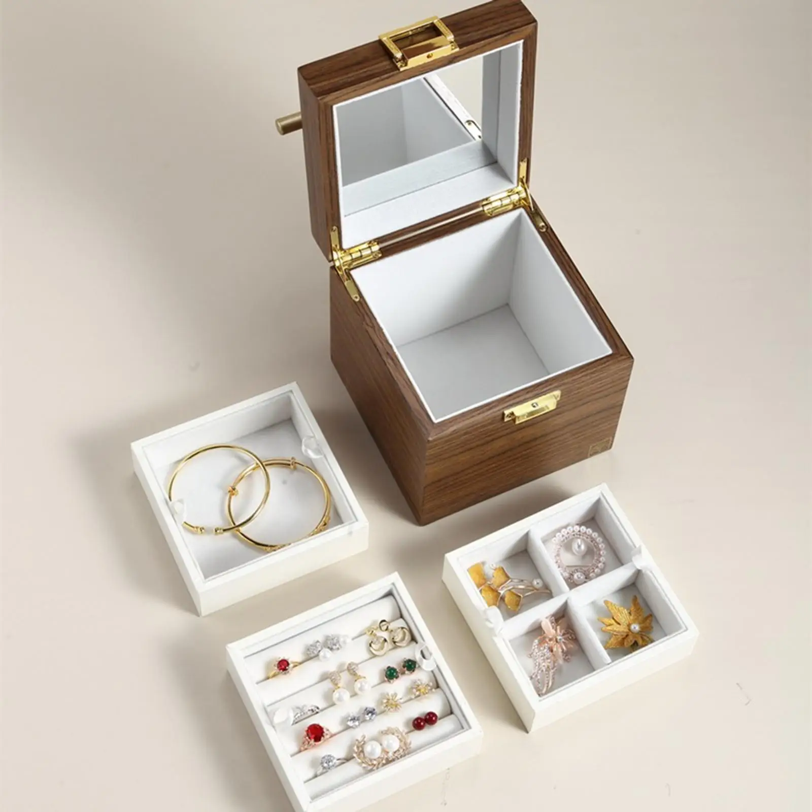 Wooden Jewelry Box Watches Rings Necklaces Pearl Container Holder for Women Ladies