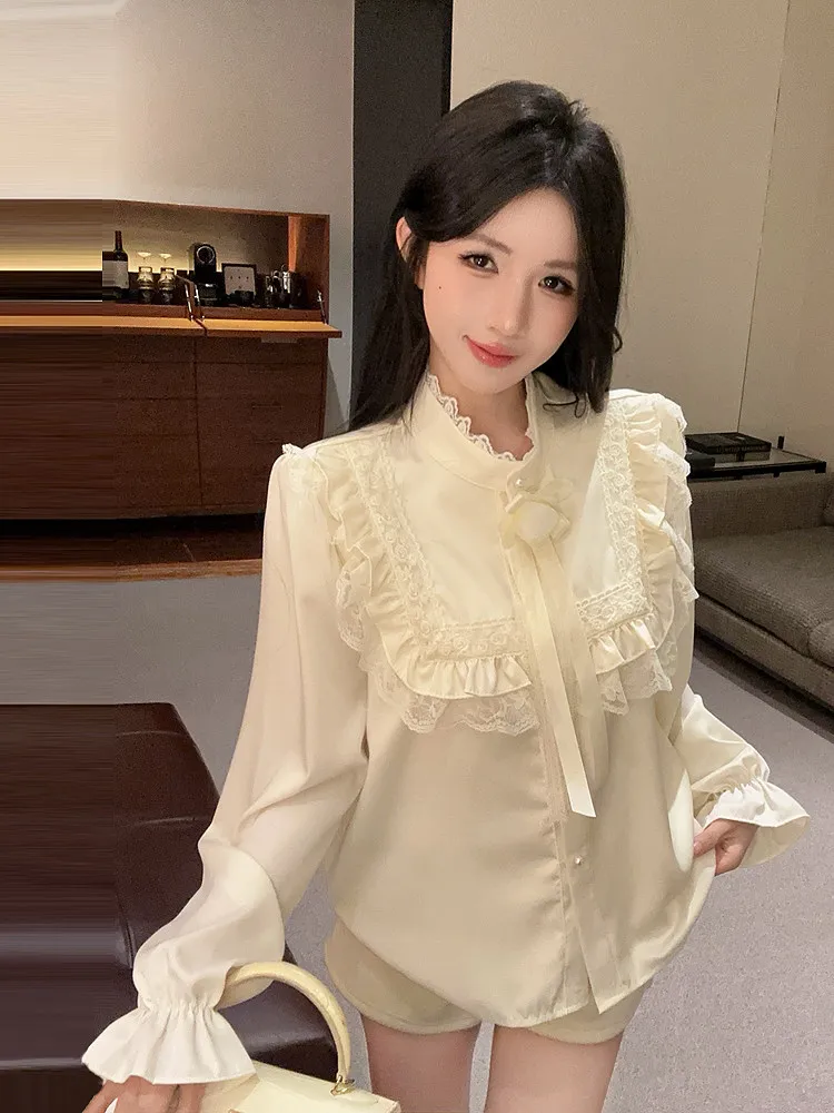 

French Court Lace Trim Beige Satin Blouse Shirt Women Spring Elegant Bow Tie Stand Collar Long Sleeve Versatile Bottoming Shirts