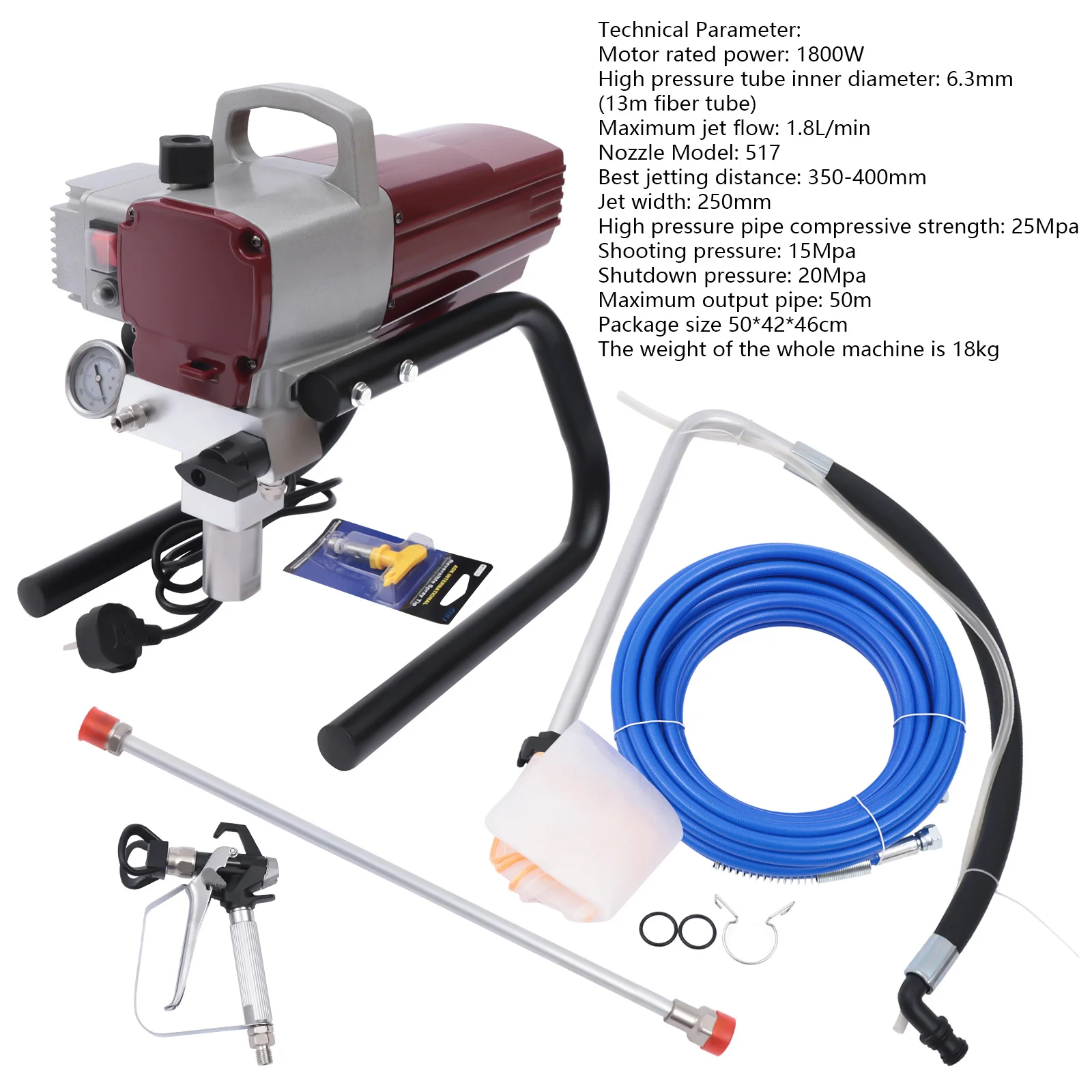 Airless Paint Sprayer Machine 1800W 220V Electric Sprayer Gun Kit Adjustable Spray Pressure with Pipe for Wall & Ceiling