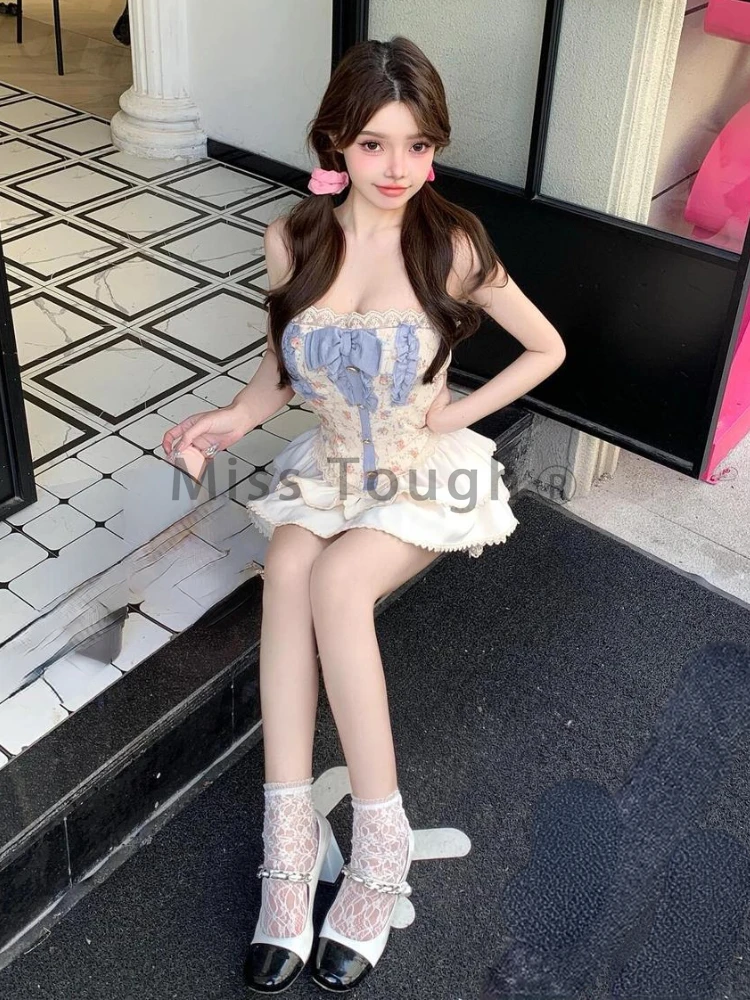 Sweet Bow Sleeveless New Two Piece Set Women Fairy Lace Tops + A-line Pleate Skirts Female Kawaii Korean Fashion Party Suit 2024