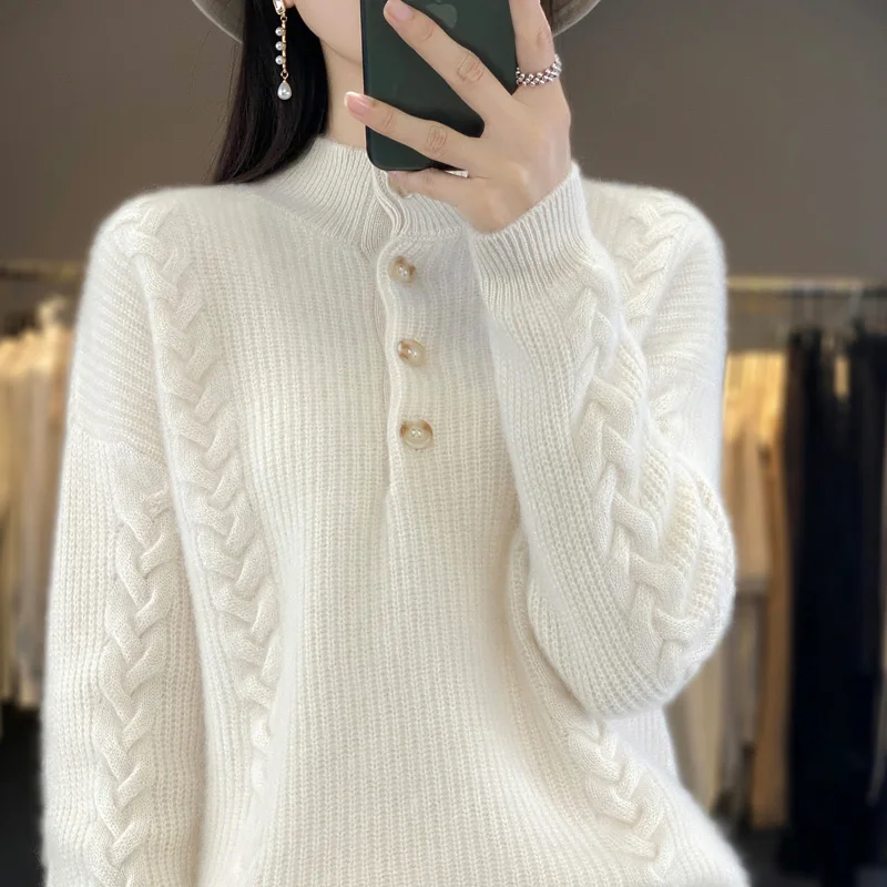 Cashmere Sweater Women\'s 2023 Autumn/Winter New Knitted Half High Collar Pullover 100% Wool Loose Korean Fashion Luxury Top