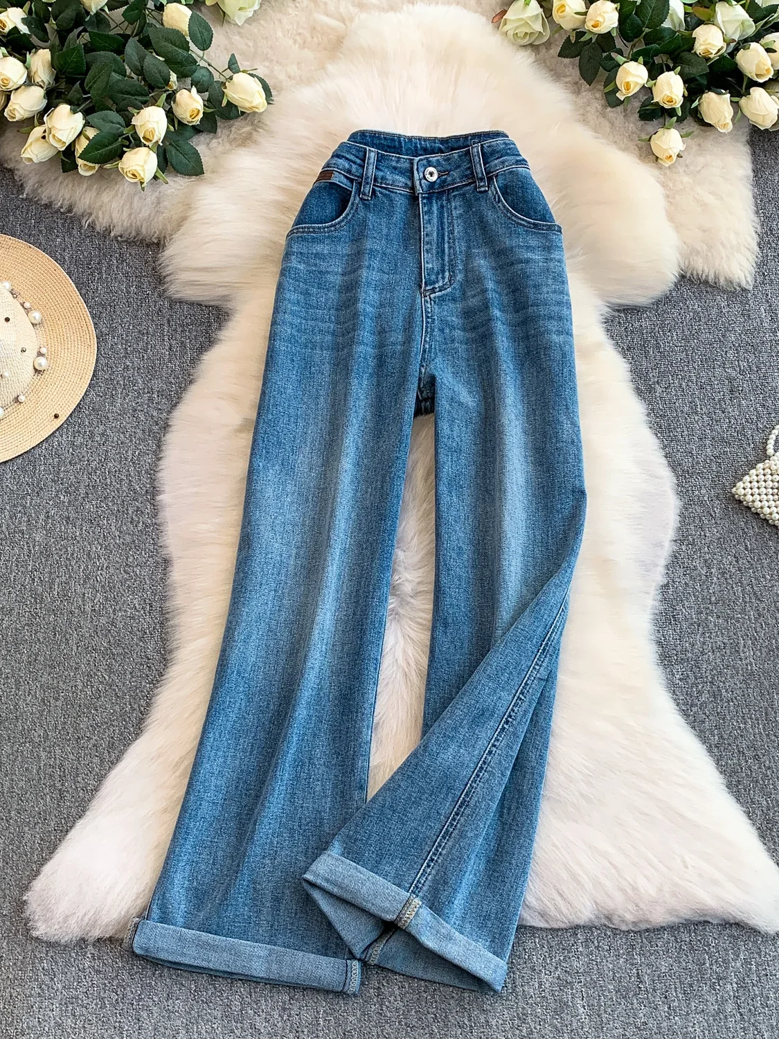 

American Retro Loose Jeans Women's Casual High Waist Straight Leg Cuffed Nine Point Pants Spring Autumn New Arrival