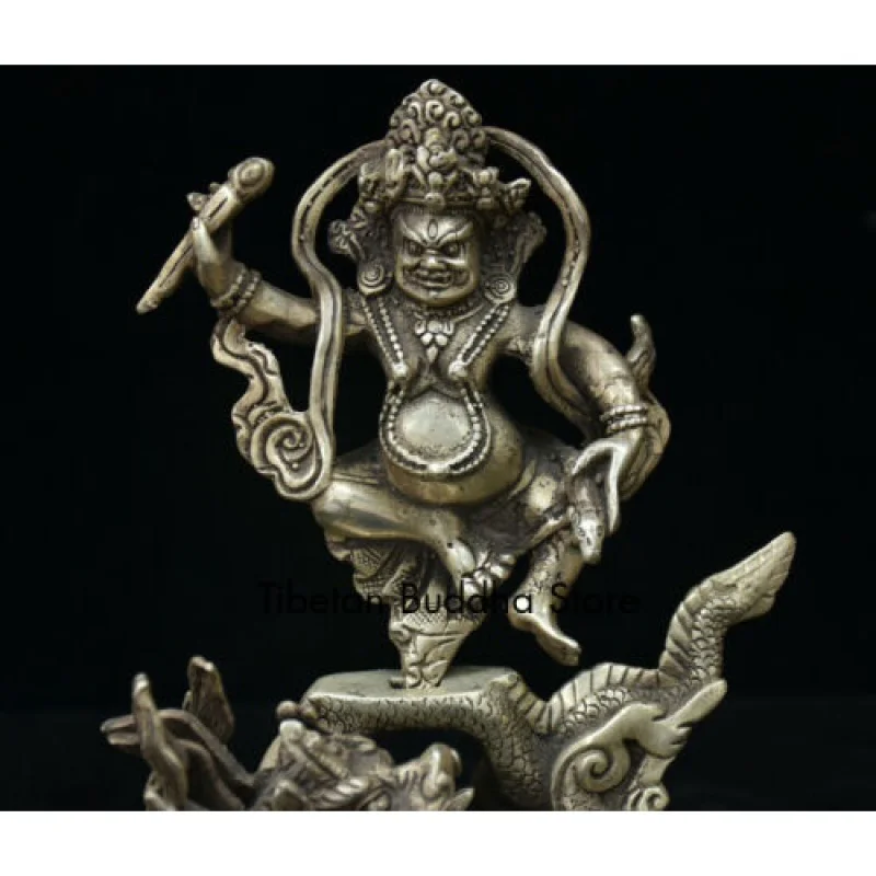 Tibet temple Silver Ride Dragon Yellow Jambhala Wealth God Mammon Buddha Statue