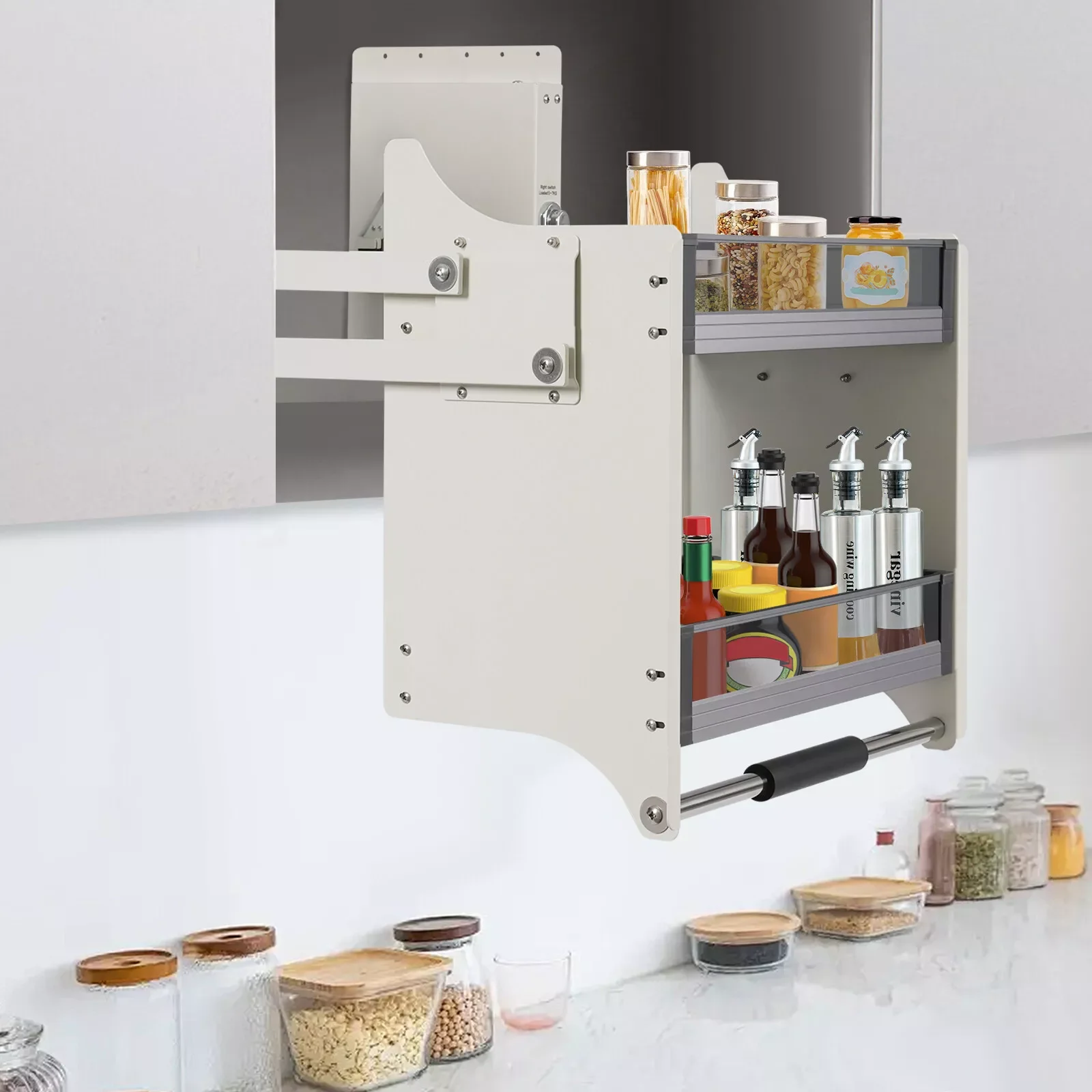 

2-Tiers Kitchen Pull Down Shelf Upper Cabinet Kitchenware Storage Countertop Organizer Rack Aluminum Alloy