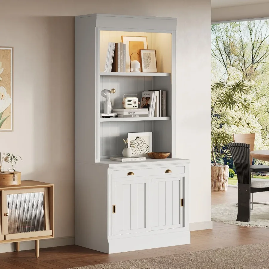 

83.4Tall Bookshelf with LED Lighting Modern Bookcase with Sliding Doors and Open Shelves Storage Bookshelf for Living Room Home