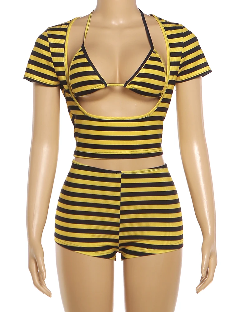 Kliou Stripe Bikini 3 Piece Set Woman Summer Trend Lace-Up Halter Bra+Low-Neck Crop Top+Mini Shorts Beach Party Sexy Style Suits view 6