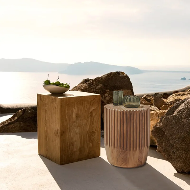 Outdoor solid wood coffee table wooden pier designer balcony small coffee table model room soft rattan sofa teak edge table