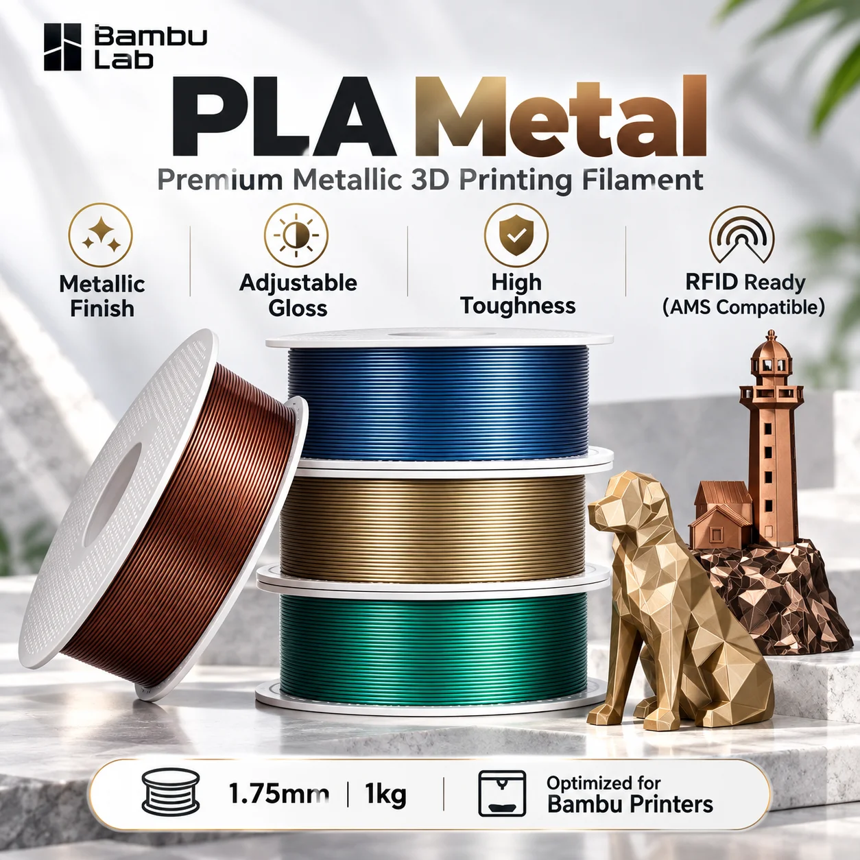 Bambu Lab PLA Metal Filament 1.75mm 1kg Metallic Finish RFID AMS Compatible 3D Printer Filament for Decorative Models