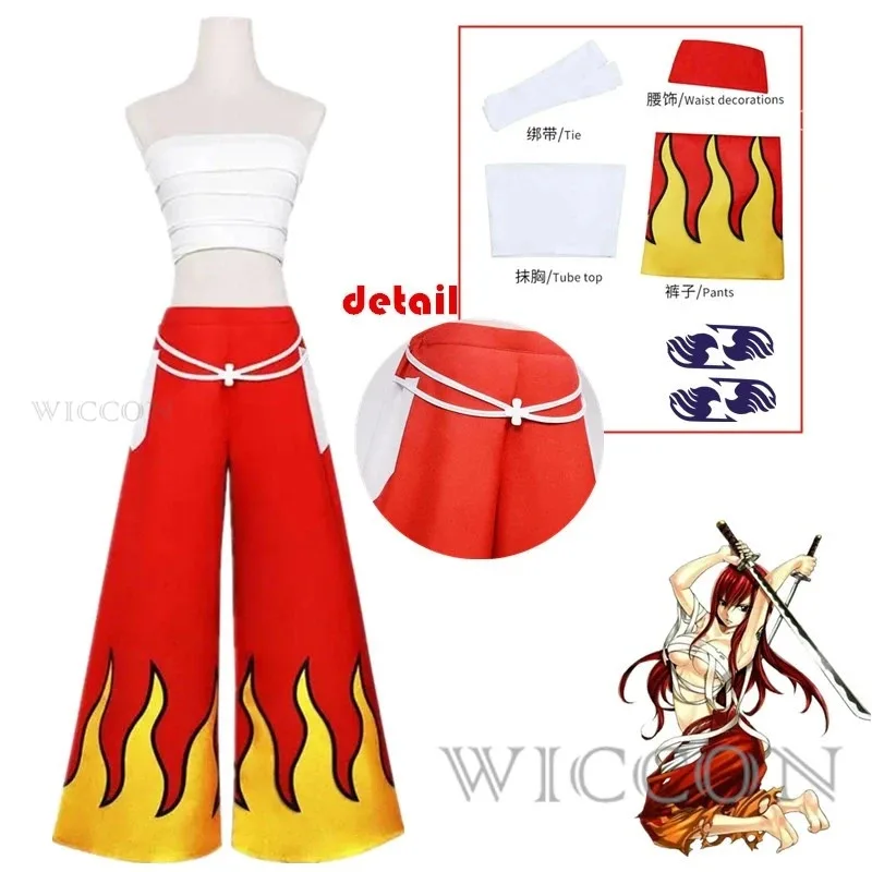 dd54アニメコスプレ女性用日本アニメロールエルザ・スカーレットコスチュームパンツホワイトチューブトップレッドクールセットダークブルーテールタトゥースティック