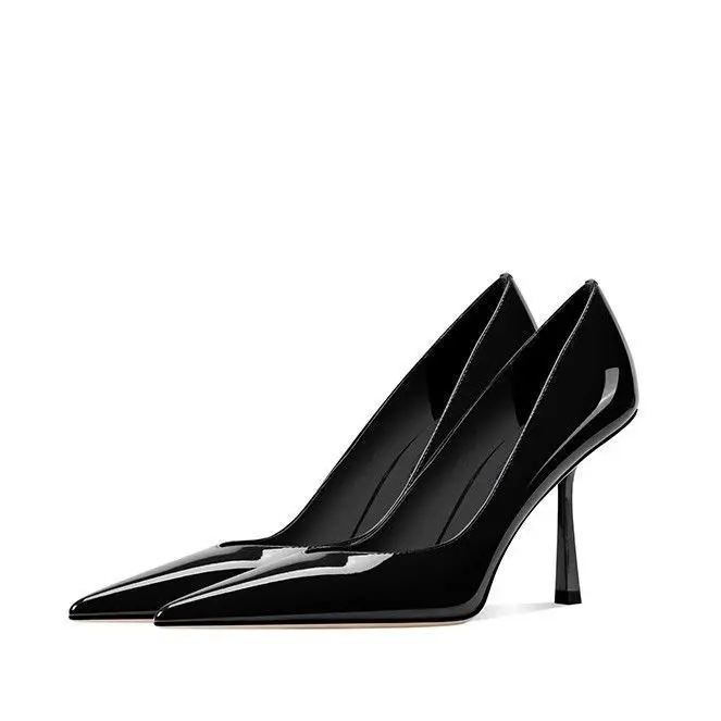 Temperament Mode Spitzen High Heels Sexy Neue Patent Leder Flacher Mund Schwarz Einzelnen Schuhe Mode High Heels frauen Schuhe – Detail 5