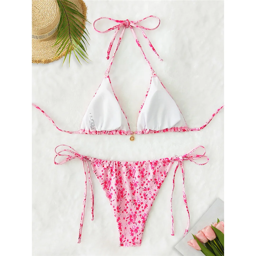 Blumenmuster-Bikini mit seitlichem Schnürband, Damen-Badeanzug, zweiteiliges Bikini-Set, Badebekleidung, Badeanzug, Modell V6437. – Detail 3