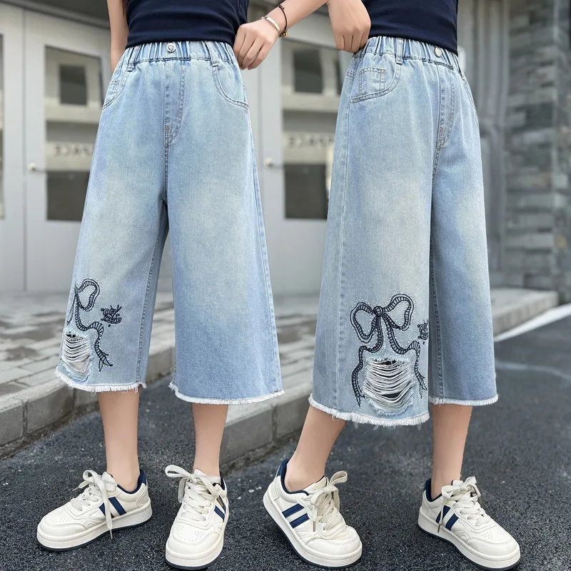 Summer Kids Wide Leg Cropped Jeans Shorts With Rhinestone Bow For Teens Girl Casual Streetwear Denim Shorts Child Hole Capris