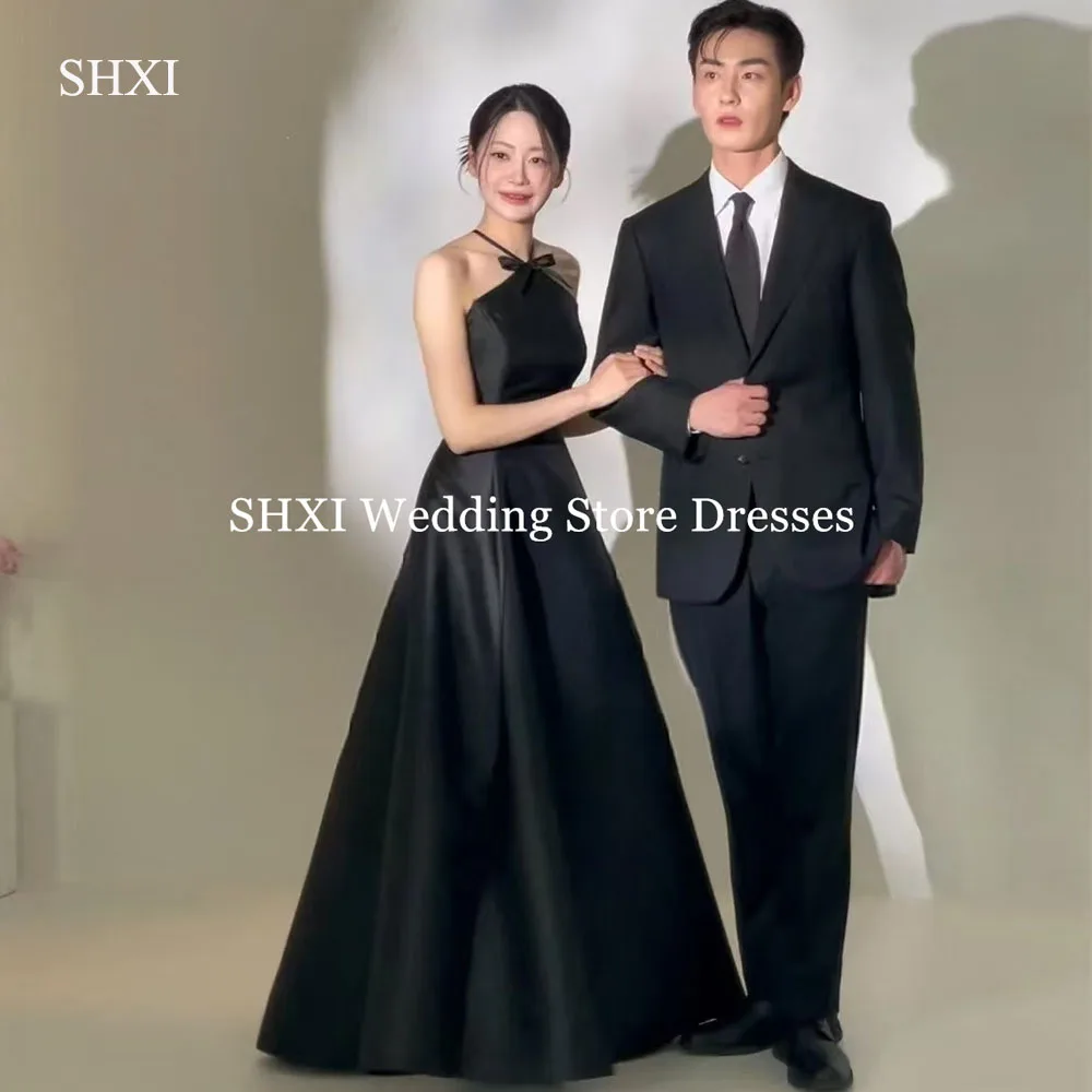 

SHXI Simple Halter Neck Korea Evening Dresses Black Bow Ribbons Photos Shoot Dress Satin A Line Formal Occasion Dress Customized