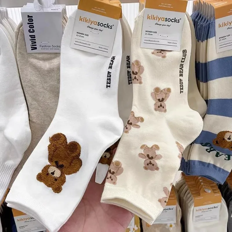 1/5 pares de calcetines bonitos de oso de dibujos animados para mujer, calcetines cómodos coreanos Harajuku para monopatín, calcetines para chica, calcetines transpirables novedosos, regalo de Navidad