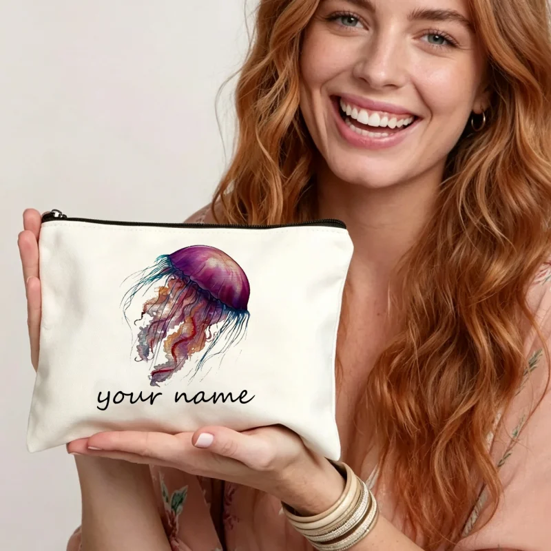 Jellyfish Makeup Bag Custom Name Ocean Sea Animal Canvas Cosmetic Pouch Travel Toiletry Bag Gift  Make Up Bag Case for Women