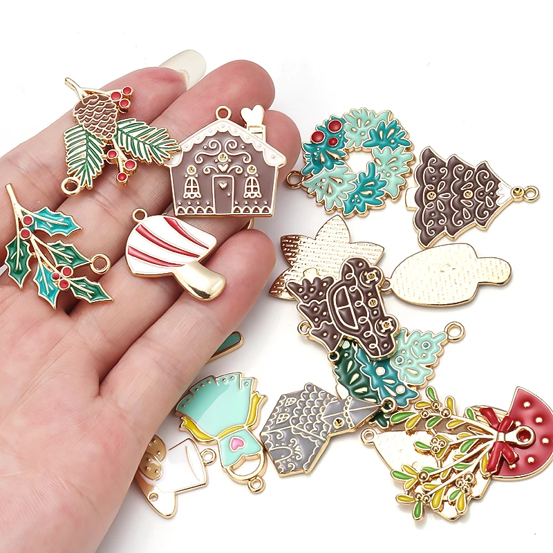 6pcs/Lot Enamel Christmas Charms for Jewelry Making Christmas Tree Red Pine Cones Christmas House DIY Charms Earrings Accessorie