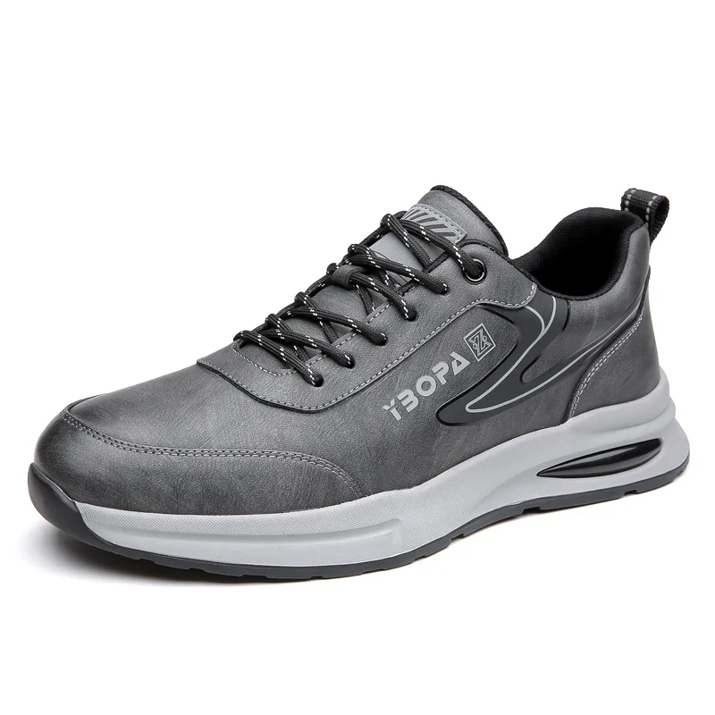High Quality Brand Men\'s Genuine Leather Casual Shoes Thick Soled Wear-resistant Hiking Shoes Trendy Gray Sports Shoes for Men’s