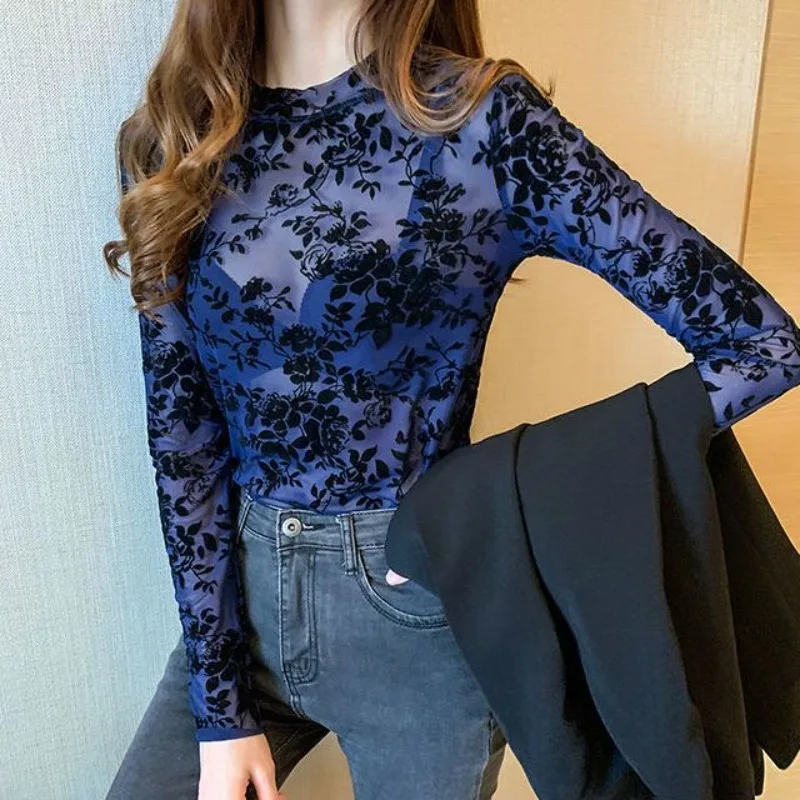 Women's Spring Autumn Tops Undershirts Sun Protection Tops Sexy Form-fitting Mesh Lightweight Long Sleeves Ice Silk New Elegant