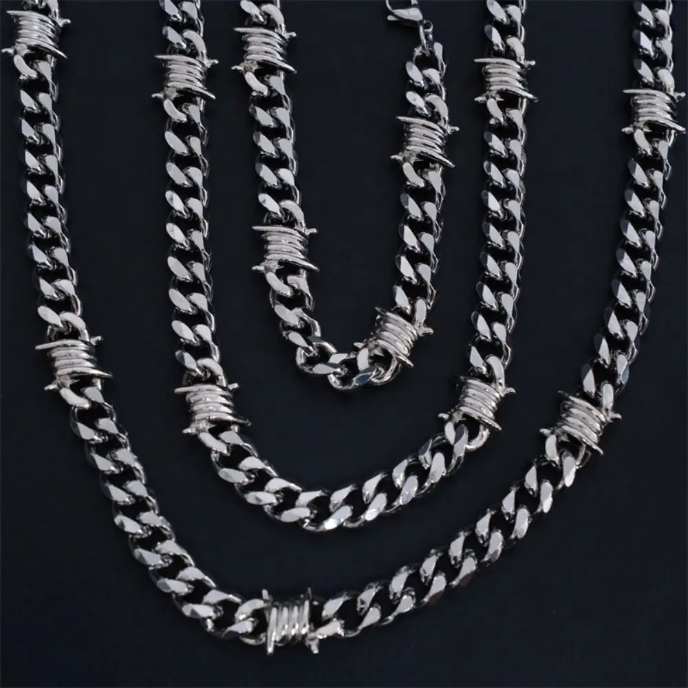 Titanium Steel Cuban Bracelet Neo-Gothic Punk Style Barbed Wire Necklace Chain Collar Silver Thorns Choker Necklace Jewelry Gift