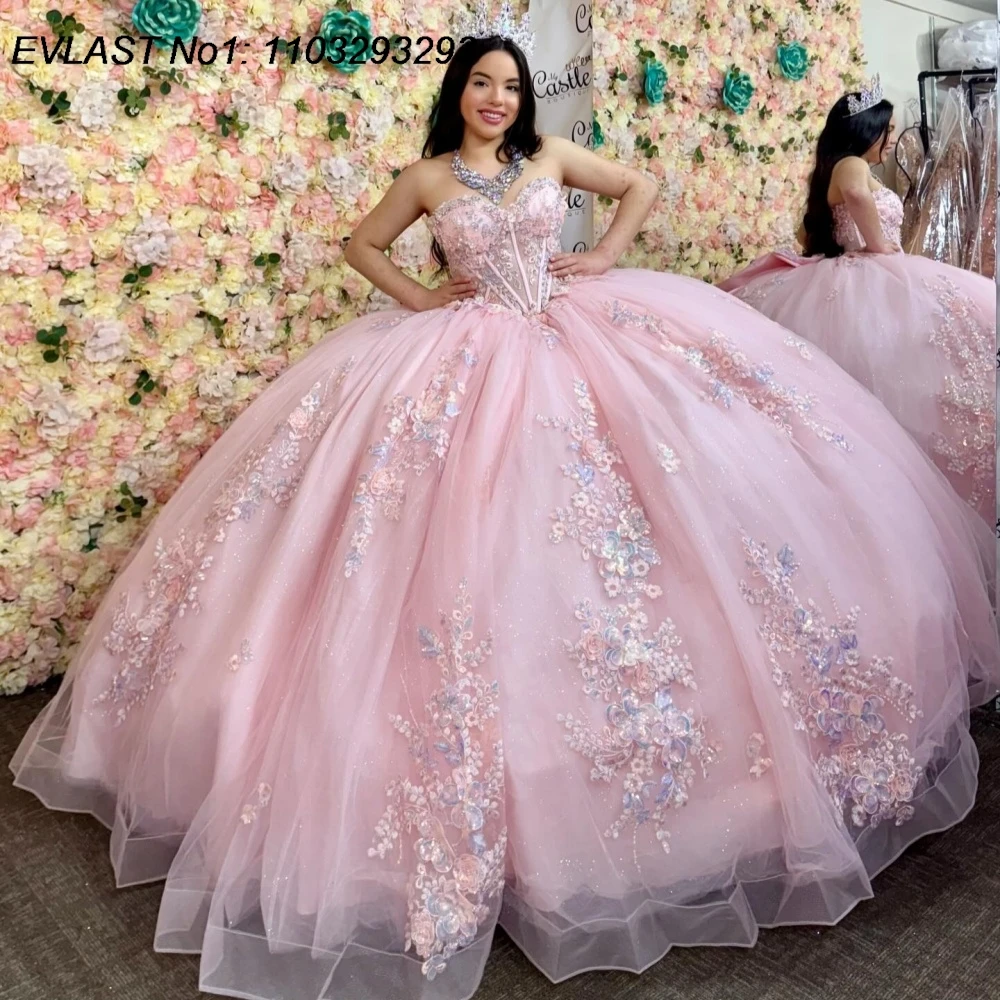 

EVLAST бальное платье принцессы розового цвета с блестками, платье Quinceanera, кружевная аппликация, расшитое бисером, Sweet 16, Vestidos De 15 Anos E1Q925
