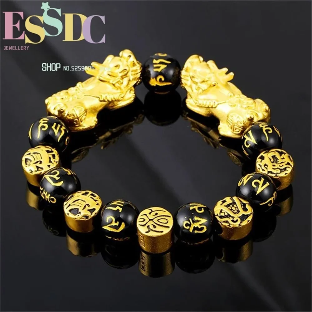 Wholesale Exquisite Imitation Gold Double Pixiu Charm 12mm Natural Black Six Words Onyx Beads Bracelets for Fashion Men