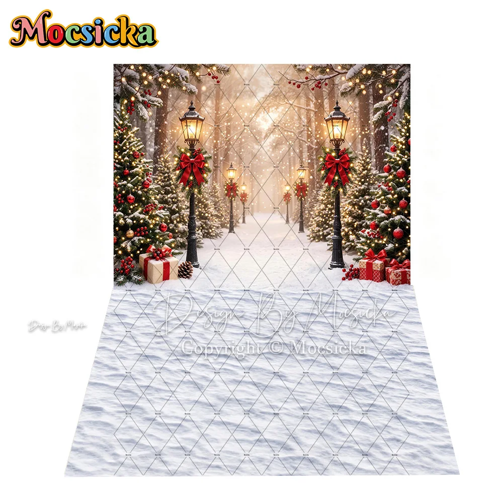 Mocsicka Christmas Forest Street Corner Backdrop Photography Snowy  Lamp Red Bow Pine Tree Gift Background Holiday Family Photo