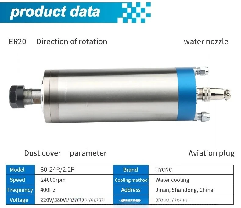 Lathe High Speed Motor Factory Selling Electric Motor Ac 24000rpm2.2kw Spindle Machine Tool Spindle Water Cooled ER20 Cnc