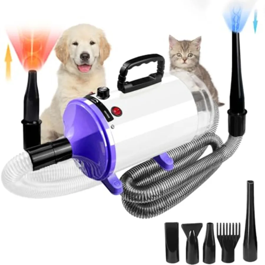 

Пылесос-фен для собак для груминга и удаления шерсти, 5.2 л.с./3800 Вт, набор для ухода за собаками с регулируемой скоростью и температурой, 5 насадок