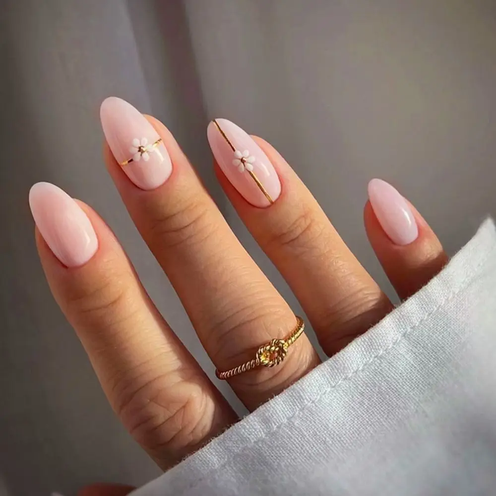 Manicure Long Almond False Nails French Starlight Flowers Press on Nails Hlollow Detachable Nail Tips Women