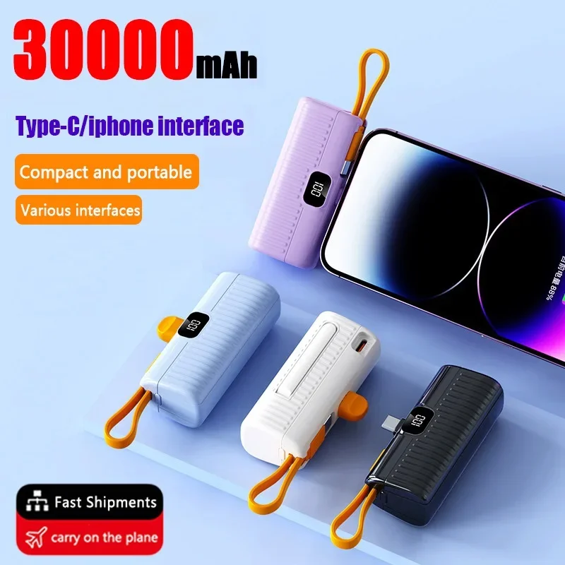 30000mAh Mini Power Bank wbudowany w kabel PowerBank cyfrowy wyświetlacz zewnętrzny akumulator przenośna ładowarka do iPhone Samsung Xiaomi