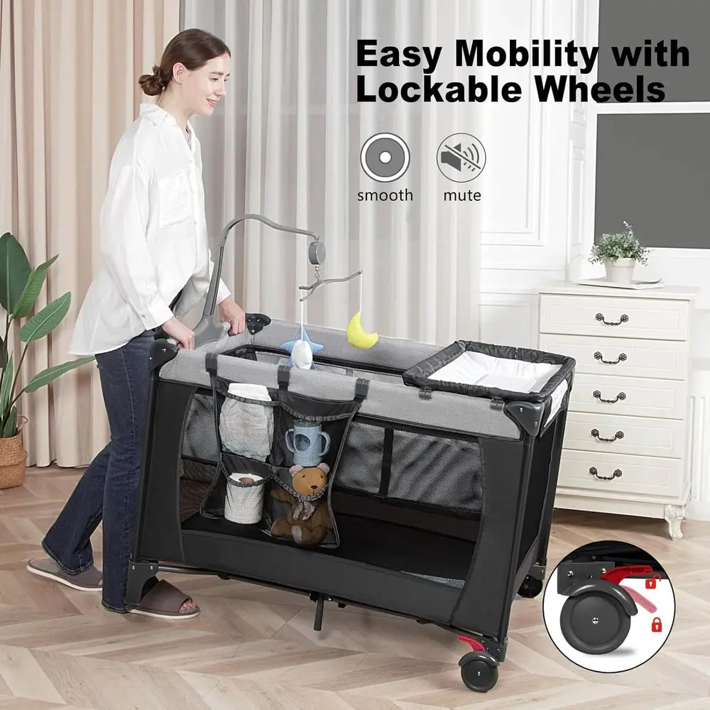 روضة أطفال محمولة 4 في 1 مع طاولة تغيير وحقيبة حمل وسرير - سرير سفر قابل للطي لحديثي الولادة إلى الأطفال الصغار، ASTM Cer #3