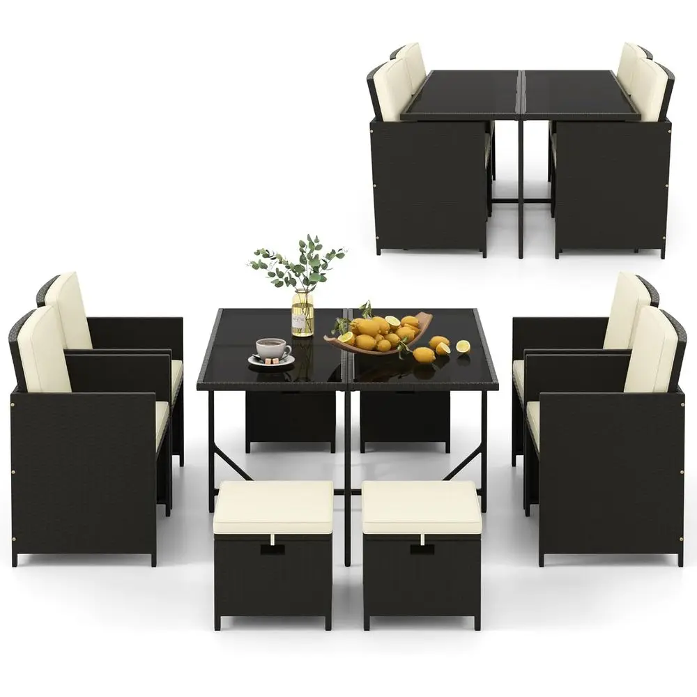 9-Piece Outdoor Dining Set: Compact Rattan Wicker Chairs, Tempered Glass Table, Ottomans, Cushioned Seats for Patio, Garden, or