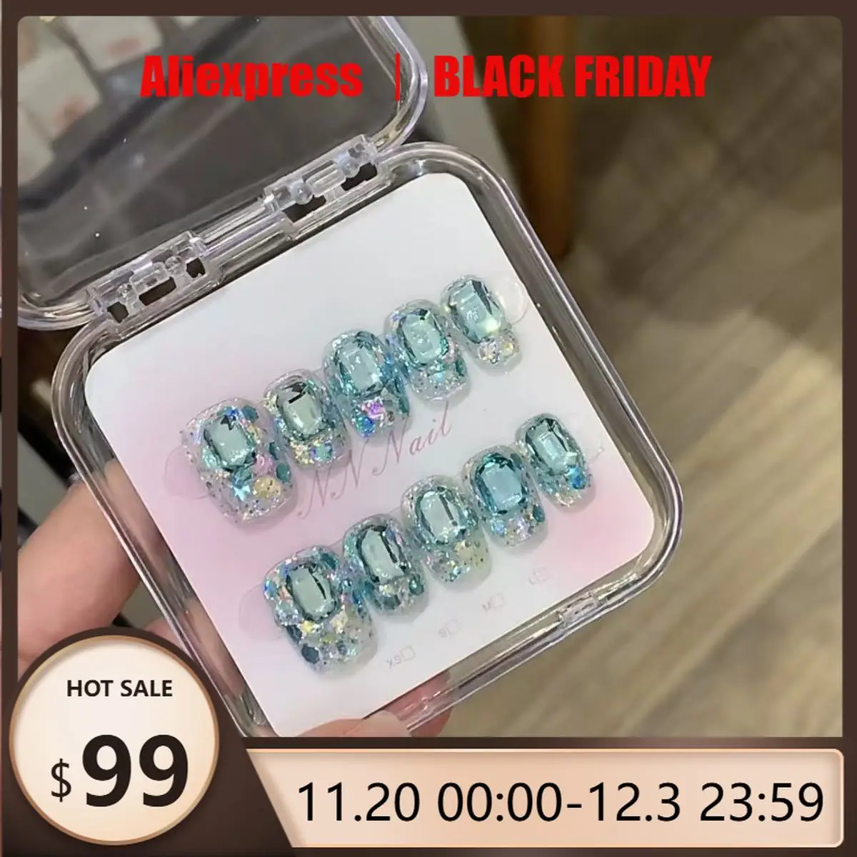 

10pcs Handmade Press on Nails Sea Salt Ice Cube Sugar Full Diamond Blue Fake Nail for Women&Girl Summer Removable Wearable Nail