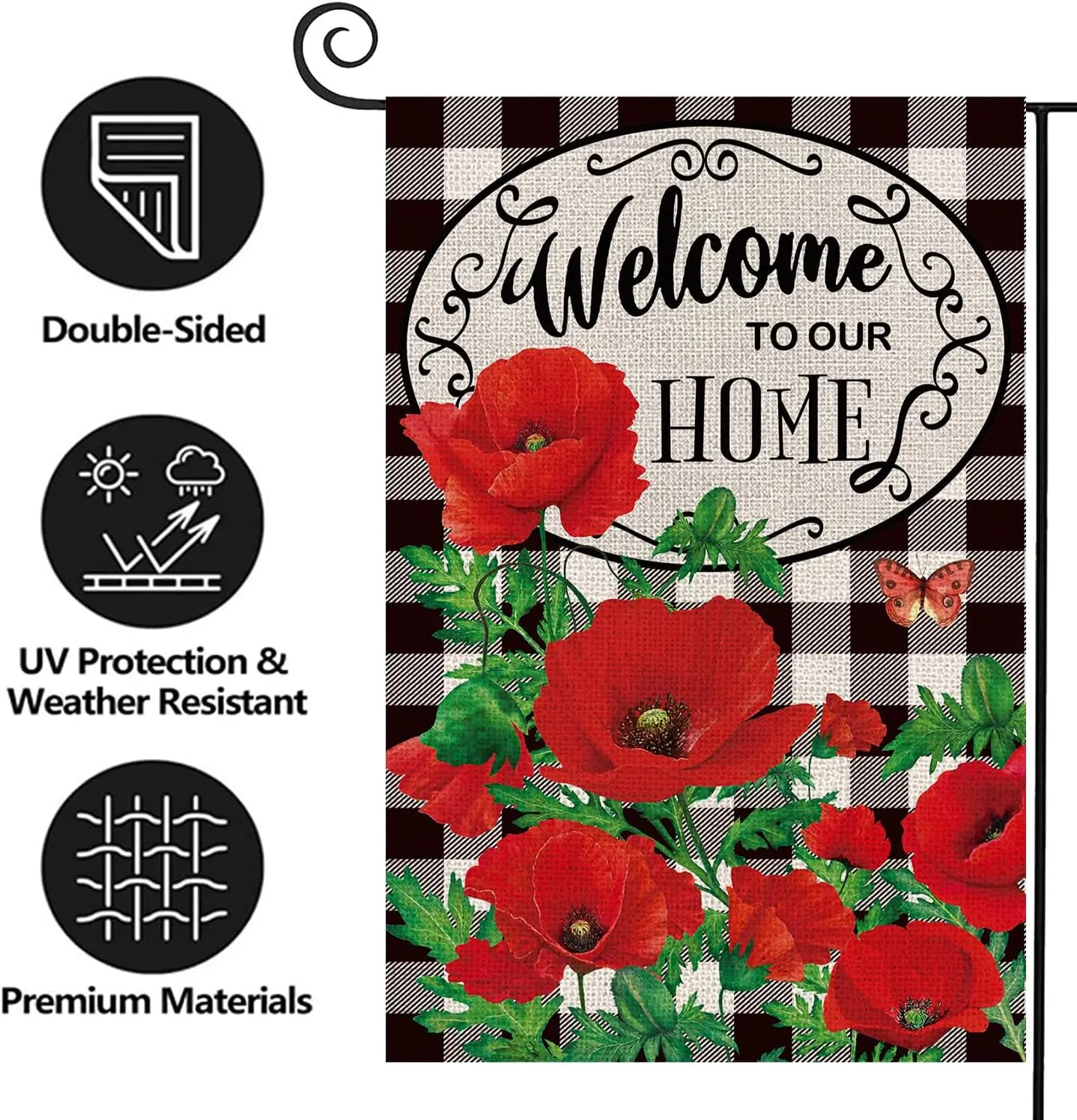 Texupday Welcome To Our Home Poppy Flower Buffalo Check Plaid Double Sided Vertical Burlap Garden Flag Spring Summer Rustic Farm