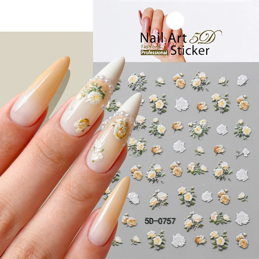 

1 шт. 5D объемные наклейки для ногтей с белыми и желтыми розами, элегантные самоклеящиеся стикеры с камелиями для женщин, романтический маникюр-слайдер