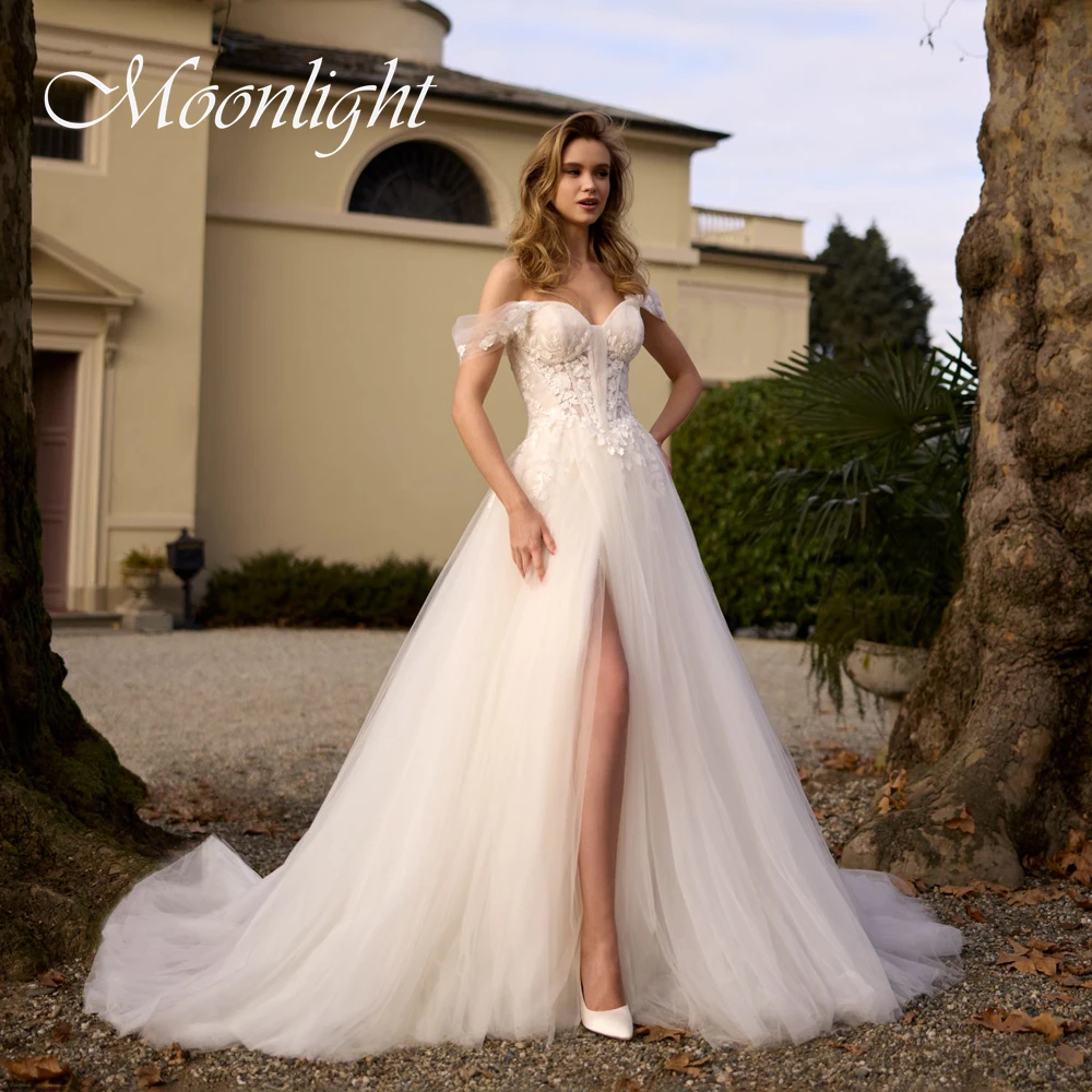 

Современные кружевные свадебные платья с открытыми плечами, кружевные аппликации, плиссированные тюлевые платья без бретелек с высоким разрезом по бокам, Vestidos De Novia по индивидуальному заказу