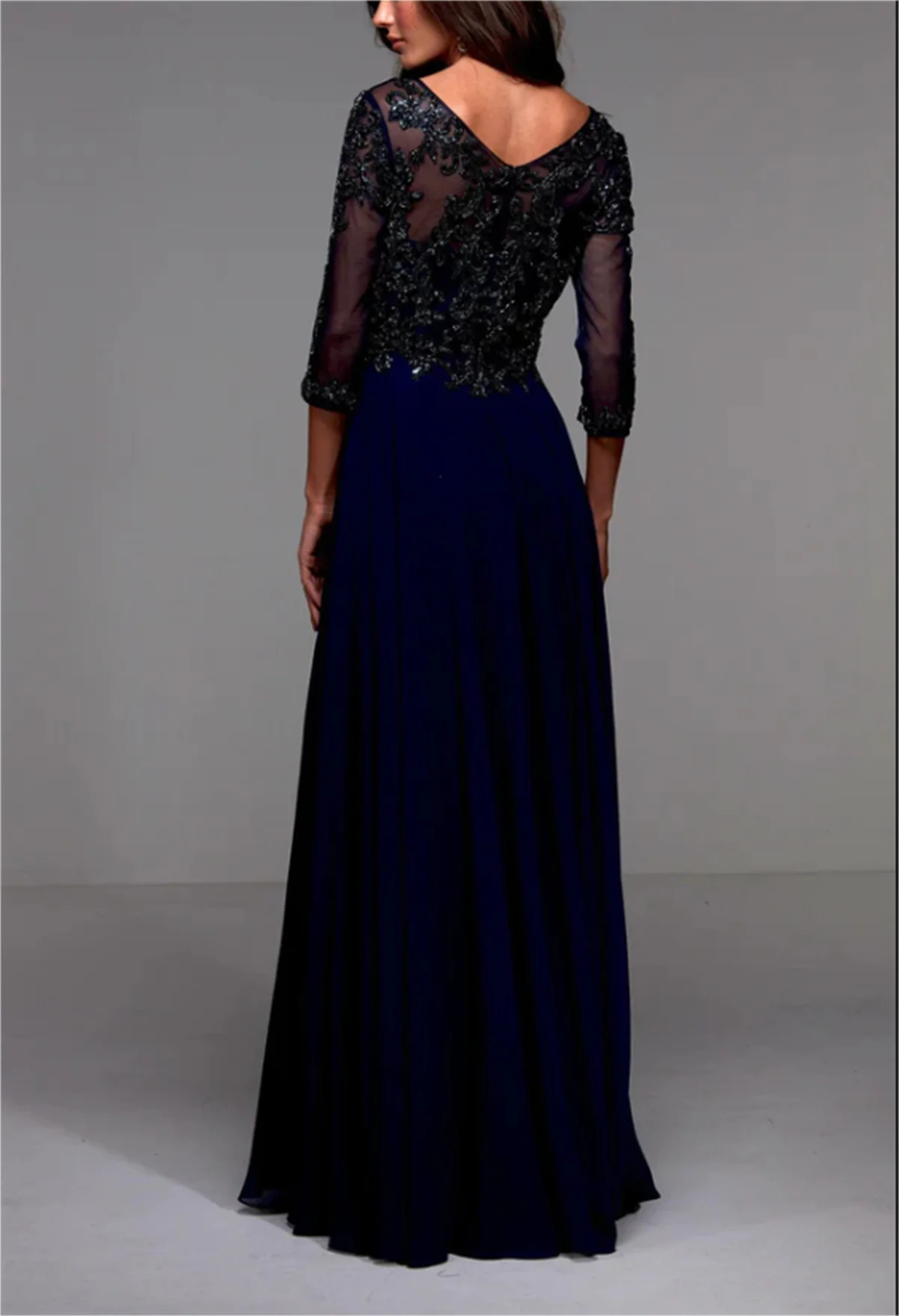 A-Line Floor-Length Bridal Mother Dress Elegant 2024 Blue / Custom Color Chiffon Lace Mid Sleeve Belt Weeding Guest