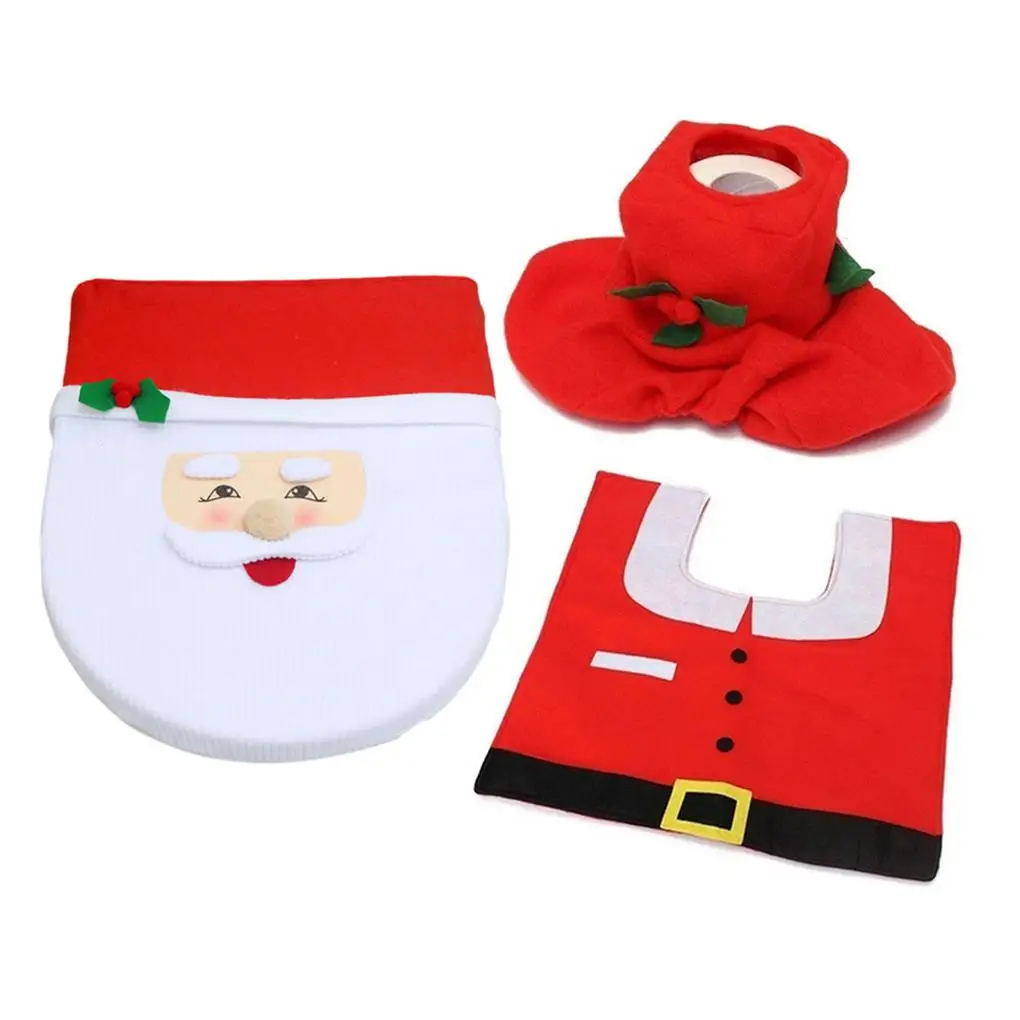 Christmas Toilet Seat Cover Santa Claus Mildew-proof Bathroom Foot Pad Water Tank Decor Floor Carpet for Holiday Party