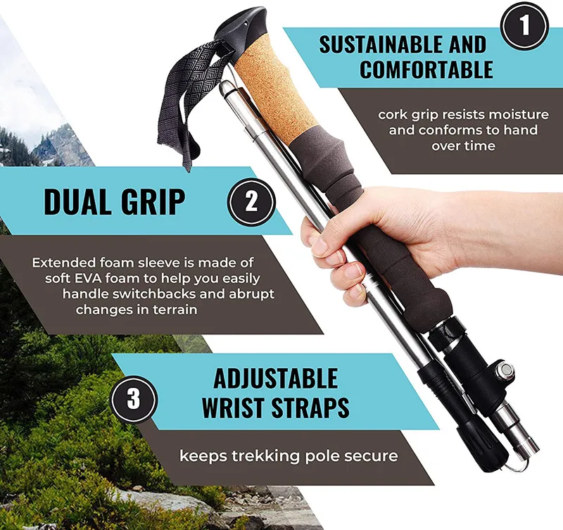 Ultralight Folding Trekking Poles, Cork Handle, 7075 Aluminum, Lightweight Walking Sticks for Trail Hiking Seniors Men, Portable