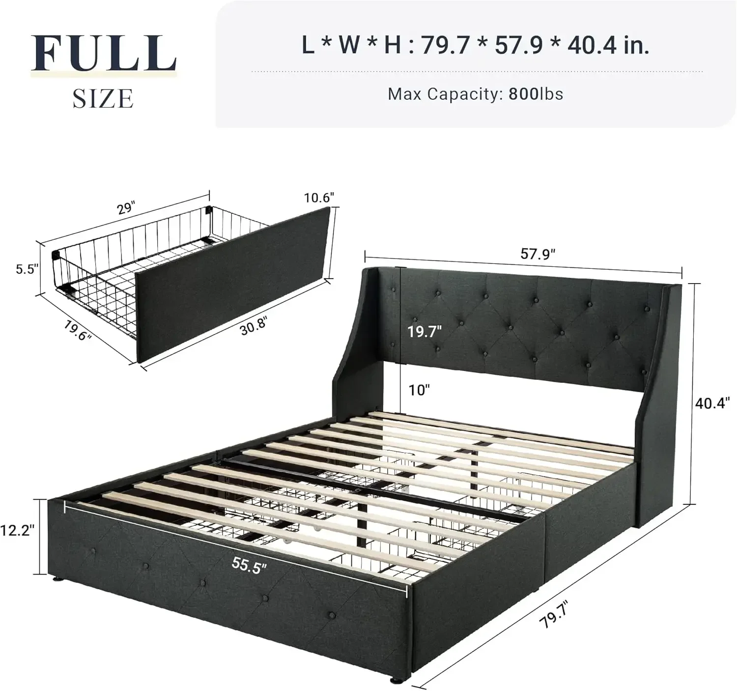 Full Size Bed Frame with 4 Storage Drawers and Wingback Headboard, Button Tufted Design, No Box Spring Needed, Dark Grey