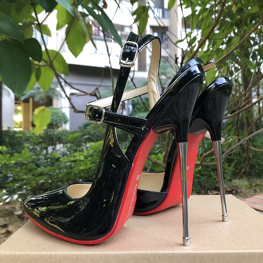 16cm Super Metal High Heels Stilettos Sexy Women Black Pumps Fetish Ankle Strap Show Model Party SM Man Unisex Shoes Size45 46