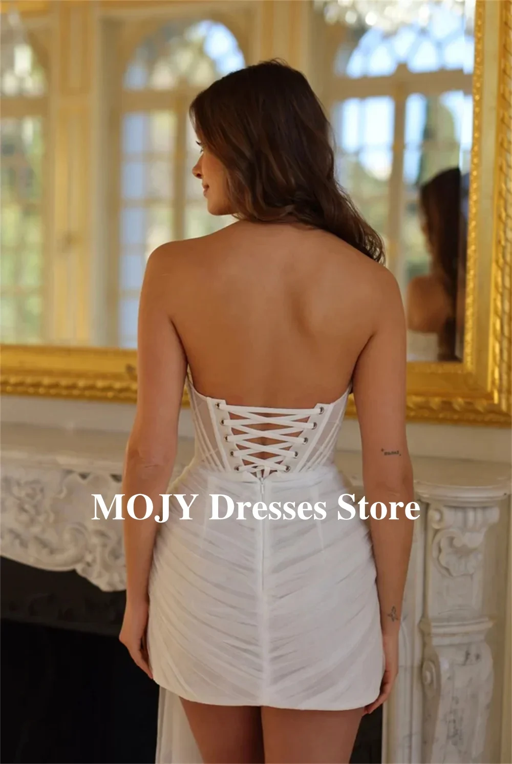 Mojy Personalizzato Avorio Perle di Lusso Pieghettato Mini Abito Da Sposa Asimmetrico Senza Maniche abiti da sposa Per Dopo Il Partito