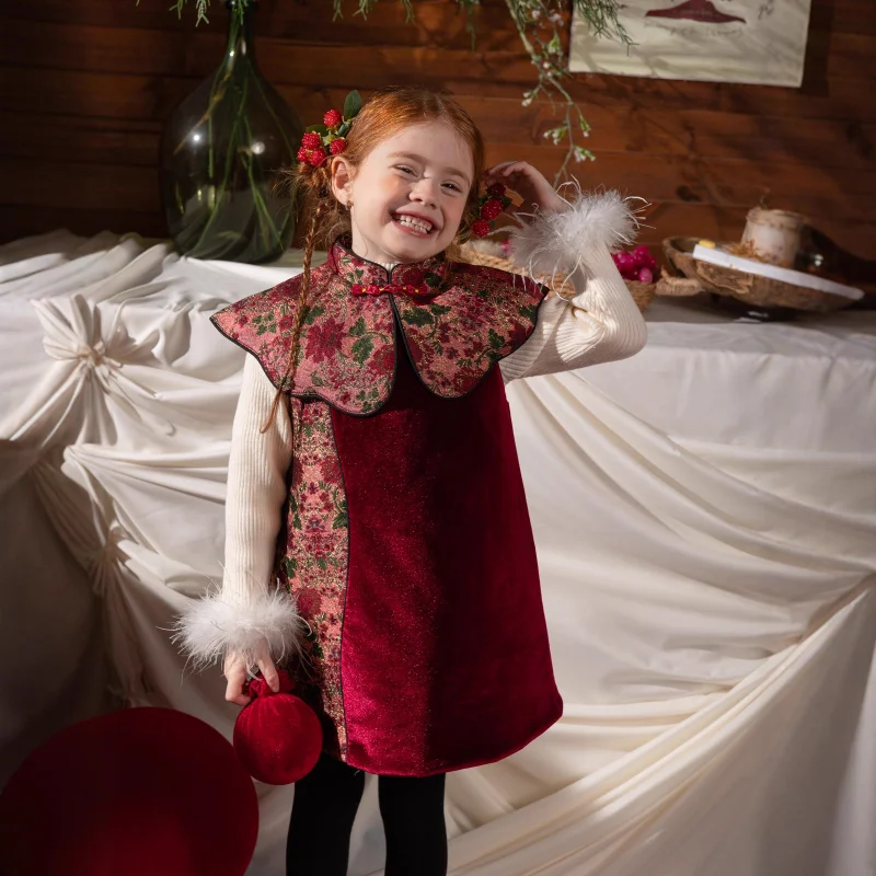 

Girls' Autumn Winter New Chinese Style High-Quality Festive New Year Shawl Color-Block Princess Dress Two-Piece Set