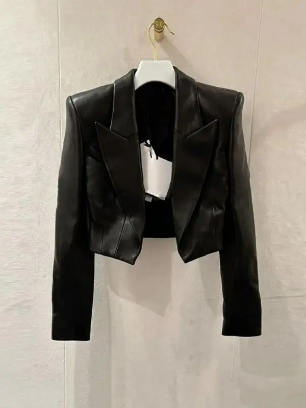 Cool And Elegant Women's Leather Jacket Fashionable Personality High-End Feeling Street Style Small Suit Commute Style Long S...