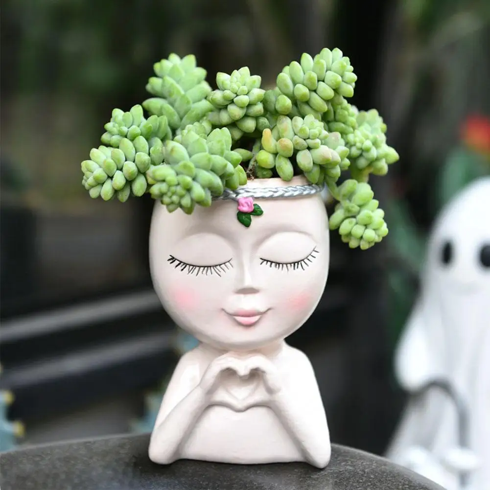 Creativity Flower Pot Resin Girl Face Planter With Drainage Hole Cute Unique Desktop Succulent Planter For Indoor Outdoor Decor