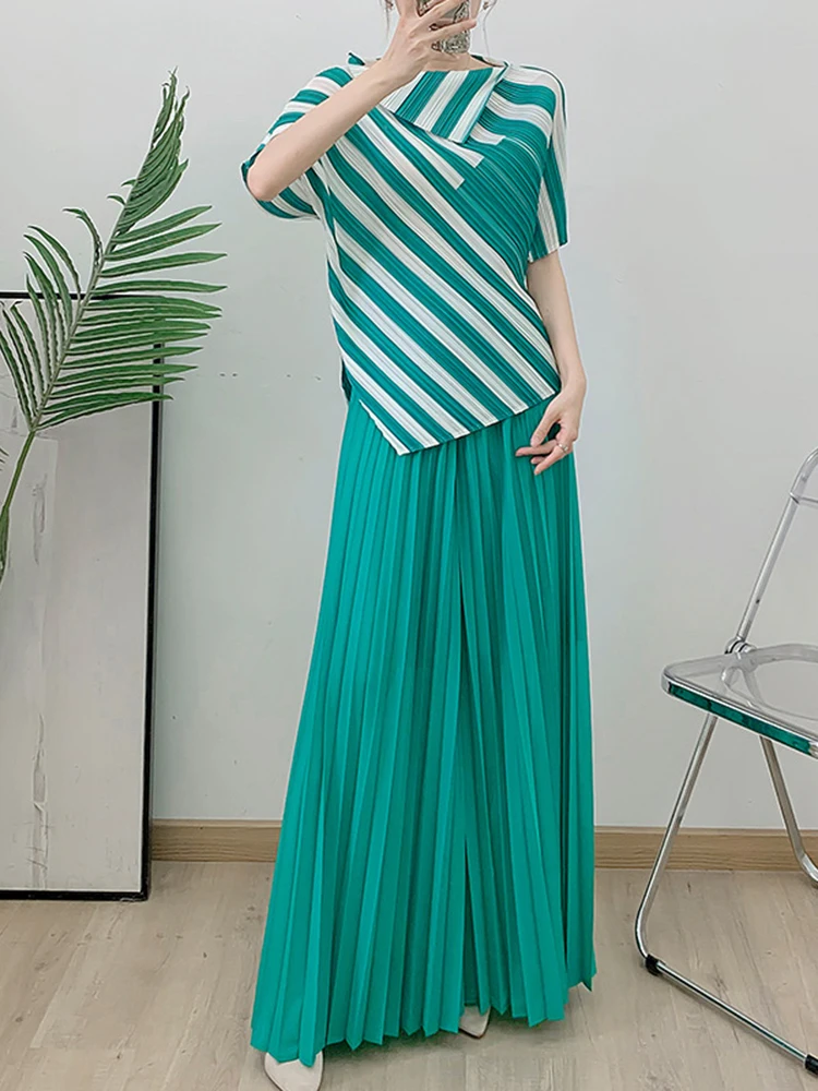 LANMREM 2 Pieces Sets Women Striped Short Sleeves Irregular Shirt Wide Leg Pants Female Elegant Clothing 2025 Spring New 2DB1516