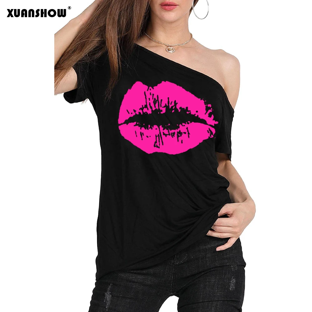 XUANSHOW 2024 Summer Sexy Women\'s Lips Print Causal Off The Shoulder Loose T-Shirt Tops