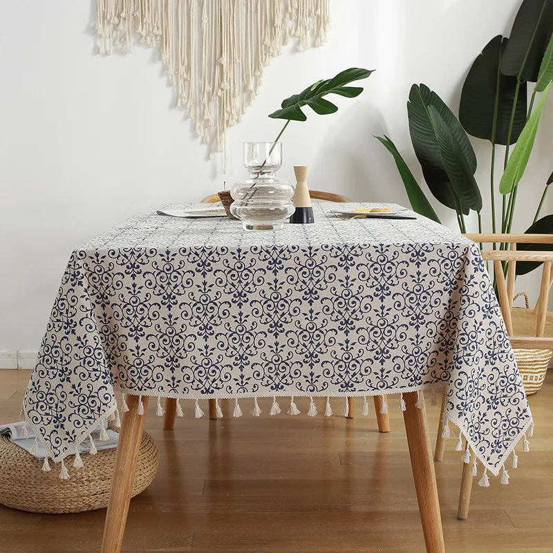 Chinese  style retro blue and white porcelain cotton ins rectangular table cloth tassel table mat coffee table tablecloth