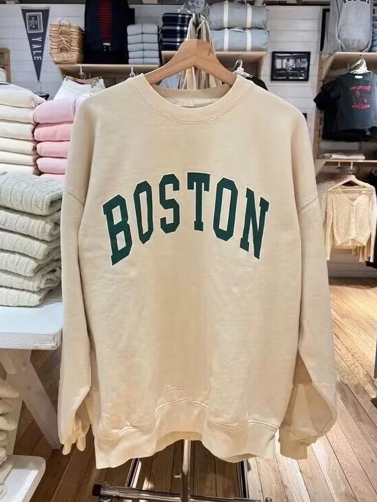 Casual Women BOSTON Printed Sweatshirts 2023 Fall Fashion O Neck Long Sleeves Sweatshirts Female Loose Pullovers