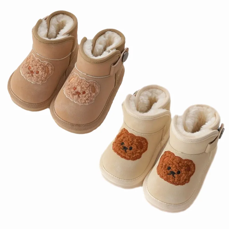 2024 New Children Snow Boots Cartoon Bear Embroidery Thick Fleece Winter Boot Boys Girls Toddler Shoes Fashion Korean Kids Boots